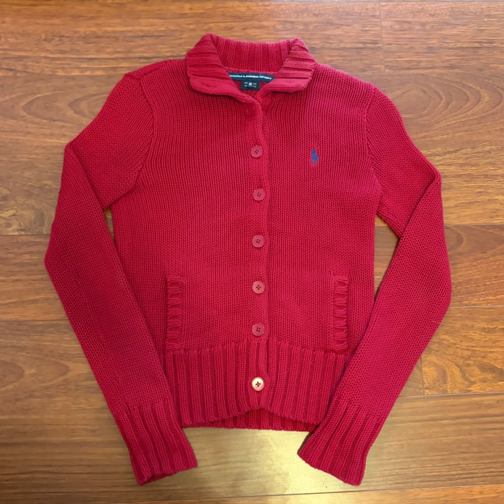 Ralph Lauren Sport Womens XS Red Cotton Chunky Knit Button Cardigan Sweater Pony